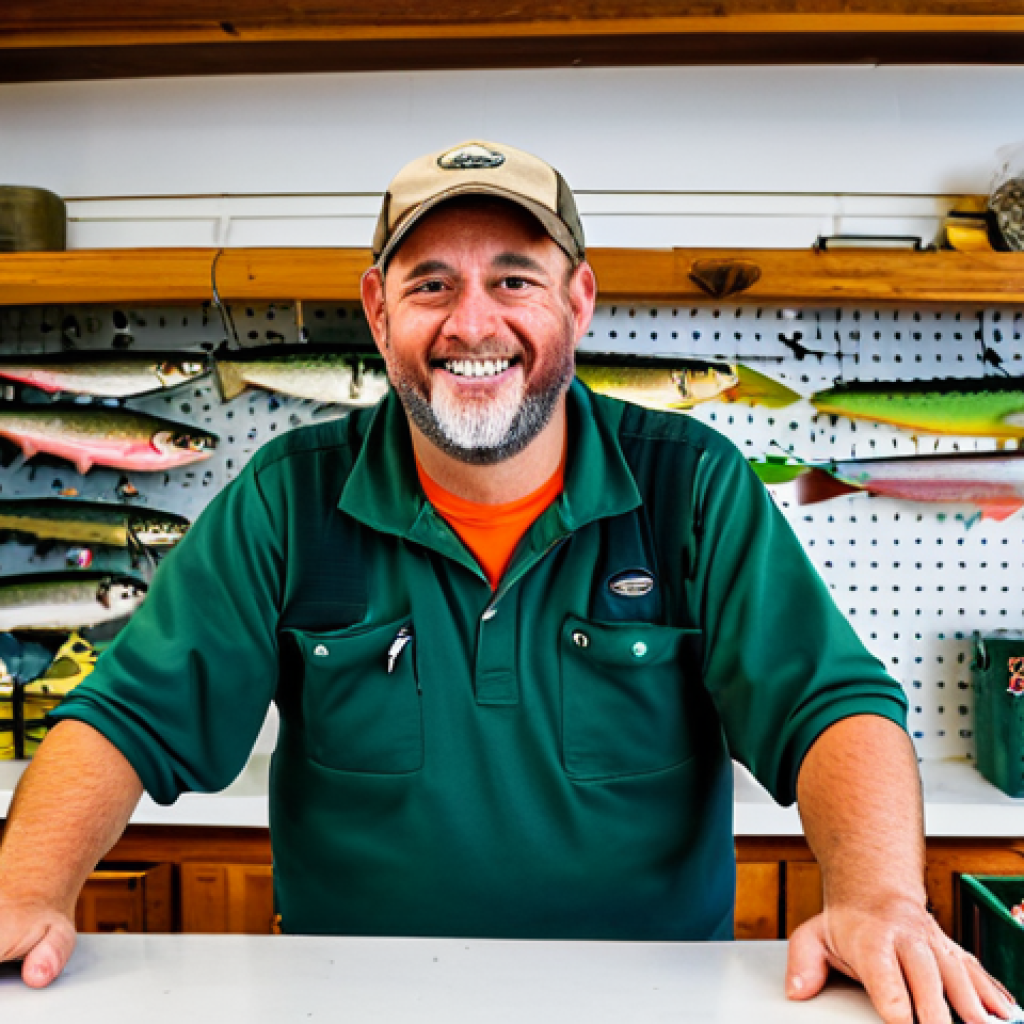 A friendly, experienced male shop owner, fully clothed in modest work attire, stands behind a counter in a well-stocked bait and tackle shop, offering fishing advice to a male angler, also fully clothed in practical outdoor wear. Shelves overflowing with fishing lures, rods, and nets are visible in the bright, inviting interior. A bulletin board with local fishing reports hangs in the background. The scene is captured with professional photography, high detail, vibrant colors, perfect anatomy, correct proportions, well-formed hands, proper finger count, natural body proportions, natural pose, safe for work, appropriate content, fully clothed, modest, family-friendly.