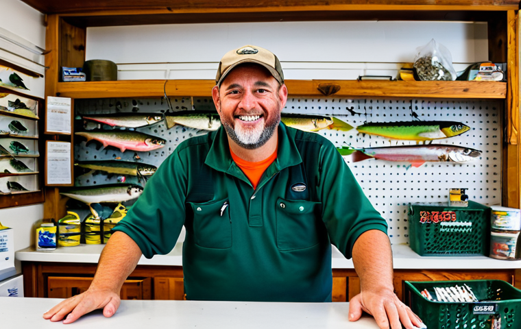 A friendly, experienced male shop owner, fully clothed in modest work attire, stands behind a counter in a well-stocked bait and tackle shop, offering fishing advice to a male angler, also fully clothed in practical outdoor wear. Shelves overflowing with fishing lures, rods, and nets are visible in the bright, inviting interior. A bulletin board with local fishing reports hangs in the background. The scene is captured with professional photography, high detail, vibrant colors, perfect anatomy, correct proportions, well-formed hands, proper finger count, natural body proportions, natural pose, safe for work, appropriate content, fully clothed, modest, family-friendly.