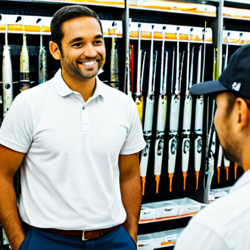 A professional and approachable retail manager, fully clothed in a modest, smart casual uniform, warmly assisting a diverse customer in a well-stocked, modern fishing tackle shop. Rows of neatly organized fishing rods, reels, and colorful lures line the shelves in the background, illuminated by soft, natural light. The scene exudes a sense of community and expertise. Perfect anatomy, correct proportions, natural pose, well-formed hands, proper finger count, natural body proportions, professional dress, high quality, detailed, realistic, professional photography, safe for work, appropriate content, family-friendly.