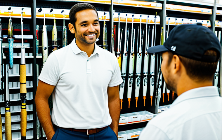 A professional and approachable retail manager, fully clothed in a modest, smart casual uniform, warmly assisting a diverse customer in a well-stocked, modern fishing tackle shop. Rows of neatly organized fishing rods, reels, and colorful lures line the shelves in the background, illuminated by soft, natural light. The scene exudes a sense of community and expertise. Perfect anatomy, correct proportions, natural pose, well-formed hands, proper finger count, natural body proportions, professional dress, high quality, detailed, realistic, professional photography, safe for work, appropriate content, family-friendly.