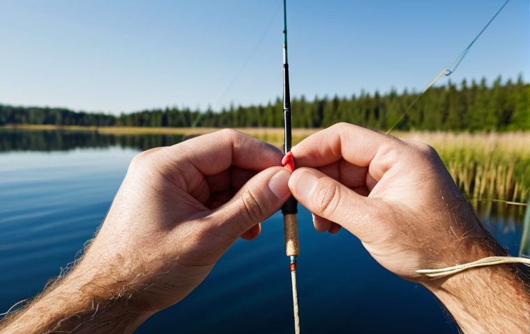 낚시 줄 강도 비교와 추천 - **Prompt:** A fully clothed angler in appropriate attire, carefully tying a Palomar knot on a fishin...