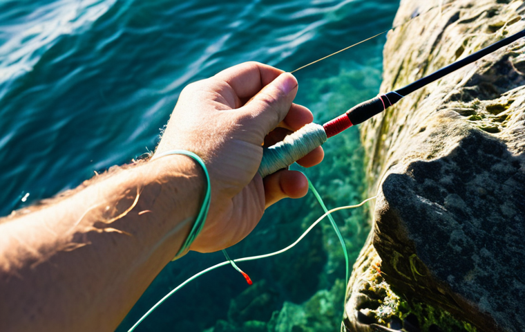 낚시 줄 강도 비교와 추천 - **Prompt:** A fully clothed angler in appropriate attire, carefully tying a Palomar knot on a fishin...
