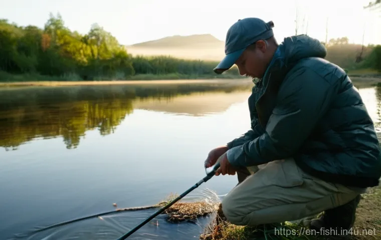 낚시 중고 장비 구입 요령 - **Prompt:** A close-up, highly detailed shot of a female angler in her 40s, dressed in a practical f...