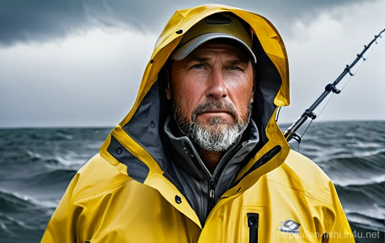낚시용 방수복 종류와 선택법 - **Prompt 1: Battling a Storm on the Open Water**
    A determined male angler, in his late 30s, stan...
