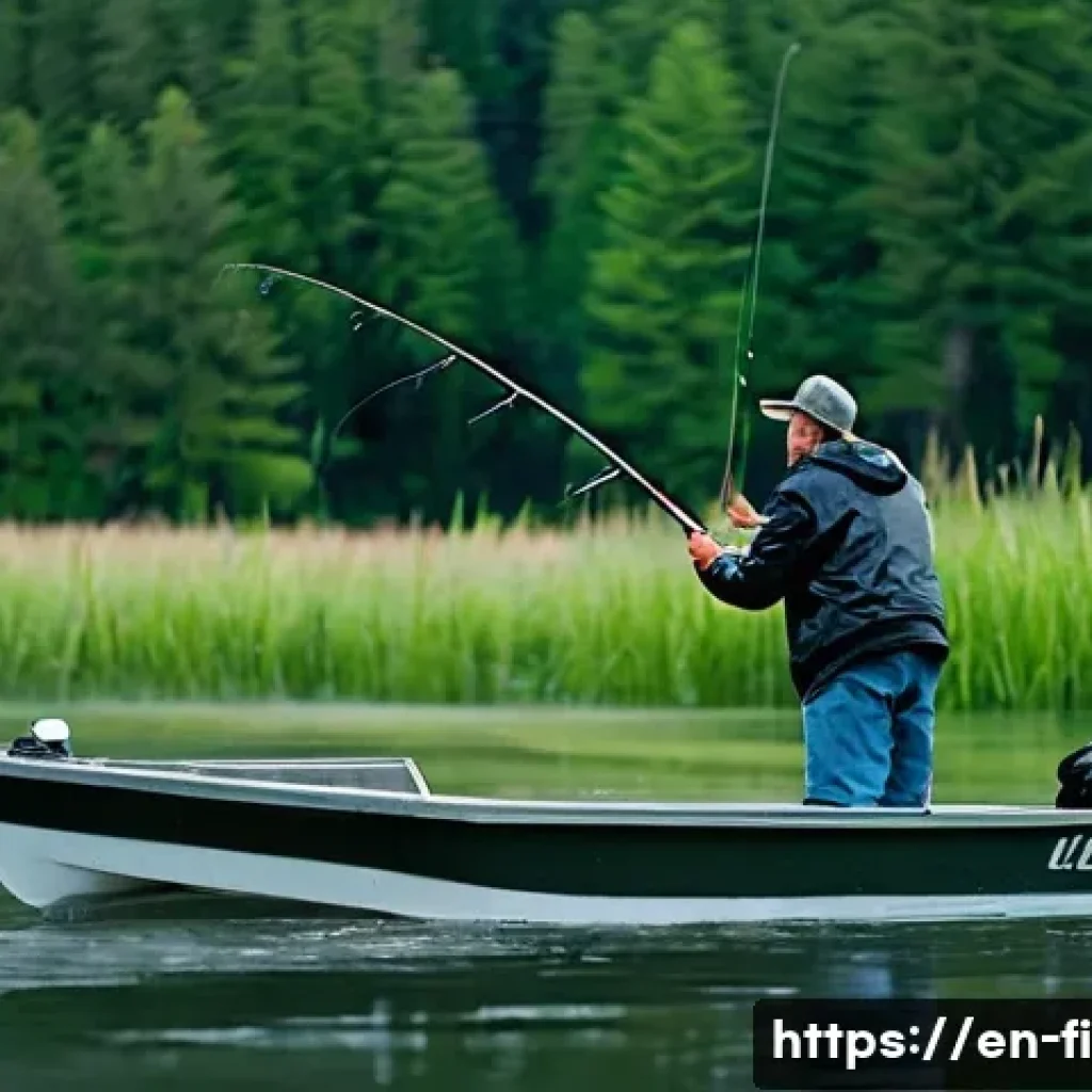 낚시 기후와 날씨 정보 활용법 - **Prompt:** A dynamic scene of an experienced angler, dressed in waterproof fishing attire including...