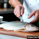 낚시 요리법 소개 - A close-up, highly detailed scene of a professional chef filleting a fresh snapper on a clean wooden...