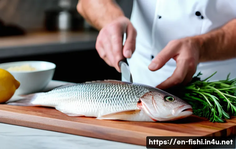 낚시 요리법 소개 - A close-up, highly detailed scene of a professional chef filleting a fresh snapper on a clean wooden...