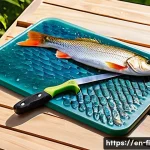 직접 잡은 물고기 손질법 - A professional outdoor fish cleaning station setup showing a sturdy plastic cutting board on a non-s...