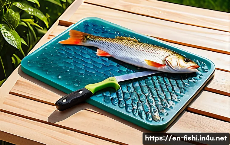 직접 잡은 물고기 손질법 - A professional outdoor fish cleaning station setup showing a sturdy plastic cutting board on a non-s...