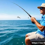 여름철 바다낚시 채비 - A detailed scene of a summer saltwater fishing setup on a sunny coastal pier: a medium-heavy fast ac...