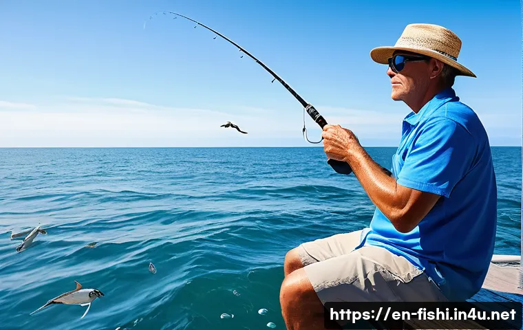 여름철 바다낚시 채비 - A detailed scene of a summer saltwater fishing setup on a sunny coastal pier: a medium-heavy fast ac...