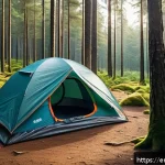캠핑과 낚시의 조화 - A lightweight, weather-resistant camping tent pitched on a flat, elevated forest clearing surrounded...