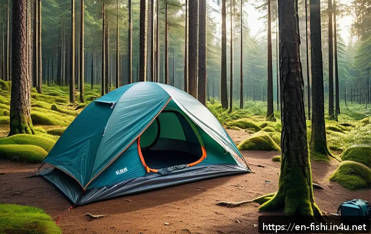 캠핑과 낚시의 조화 - A lightweight, weather-resistant camping tent pitched on a flat, elevated forest clearing surrounded...