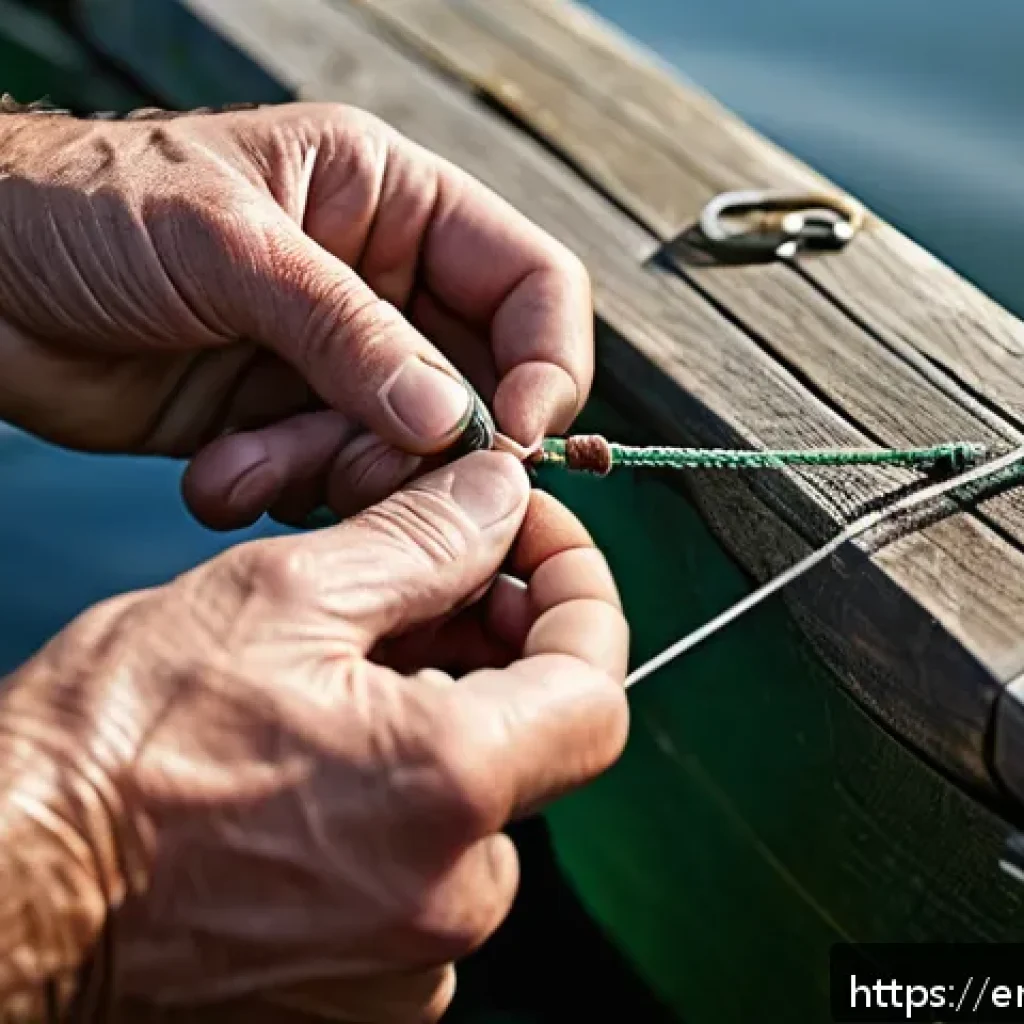 낚시 매듭법 초보 가이드 - A close-up, highly detailed image of a fisherman's hands tying an Improved Clinch Knot using a clear...