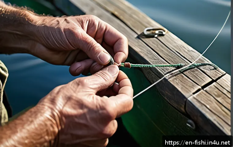 낚시 매듭법 초보 가이드 - A close-up, highly detailed image of a fisherman's hands tying an Improved Clinch Knot using a clear...