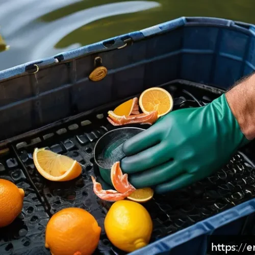 낚시 미끼 냄새 제거 팁 - A detailed scene showing a fisherman's hands rubbing fresh lemon and orange peels to remove fish bai...