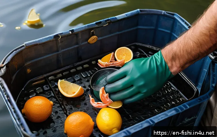 낚시 미끼 냄새 제거 팁 - A detailed scene showing a fisherman's hands rubbing fresh lemon and orange peels to remove fish bai...