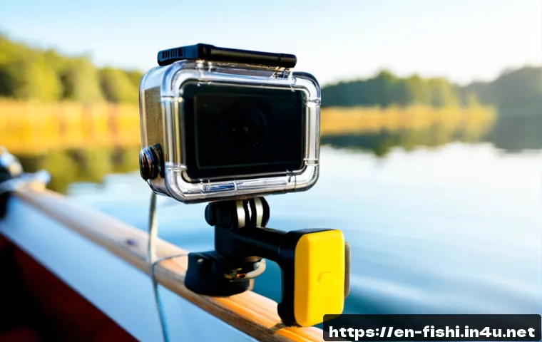 Home 17 낚시용 액션캠 추천 - Photorealistic close-up of a compact waterproof action camera securely mounted on a fishing boat rai...