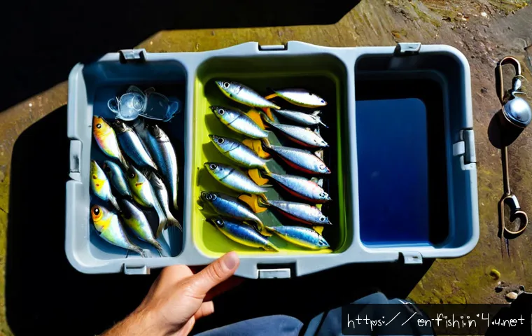루어 색상 선택 요령 - Photorealistic overhead view of a clean fishing tackle workbench, an angler’s hands comparing three ...